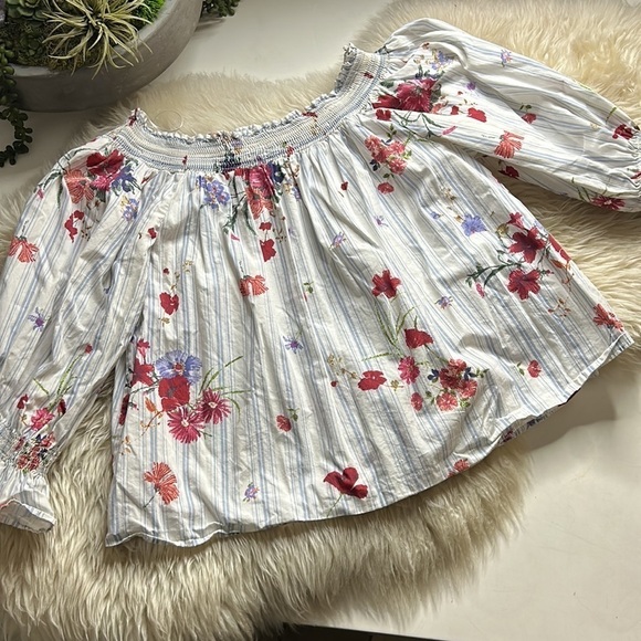 Zara women’s large garden floral stripe smocked romantic off the shoulder large - Picture 8 of 9